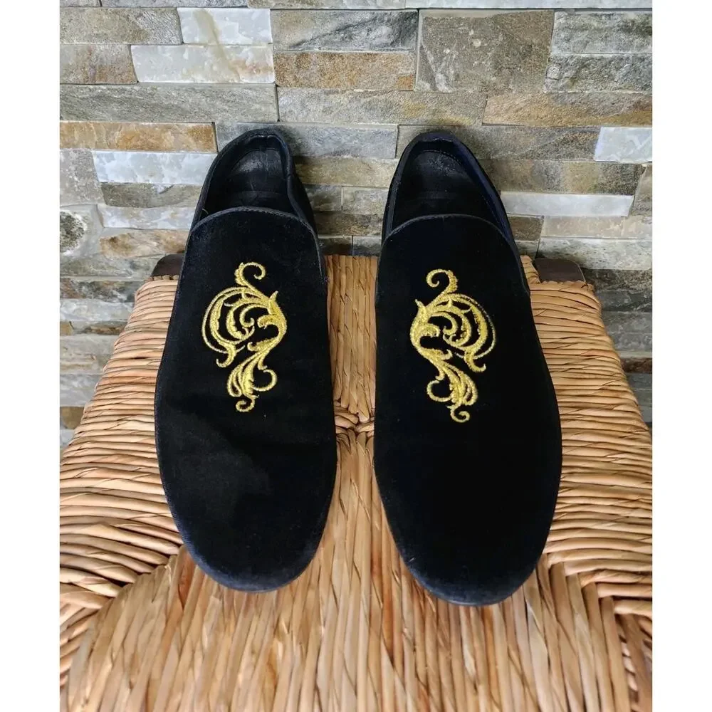 Zara Black Velvet Gold Emperor Embroidered Loafers Slip On Shoe Mens US 12 EU 45